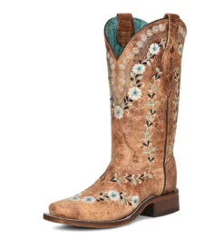 Corral Boots Ld Cognac Overlay & Embroidery & Studs Sq Toe - C3966