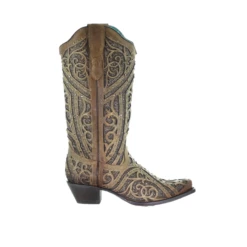 Corral Boots Corral Ladies Straw Brown Studded Boot W/ Bronze & Black Laser Inlay E1620 -Corral Boots Store 1620c