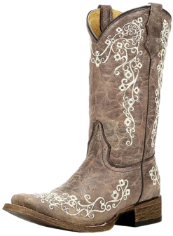 Corral Boots Corral Big Girl's Square Toe Embroidery Cowgirl Boots - Brown