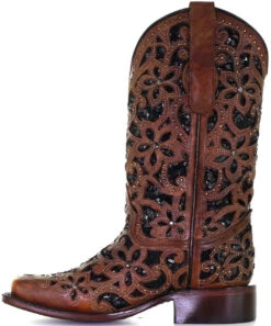 Corral Boots CorralLadies Tan/Black Inlay & Embr. & Studs SQ Toe - A4129