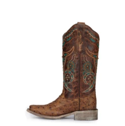 Corral Boots Ld Honey/Multi Ostich Emb/Studs Sq Toe - A4045