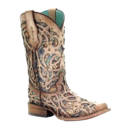 Corral Boots Corral Ladies Bone & Multicolor Inlay & Studs Square Toe Boots C3405