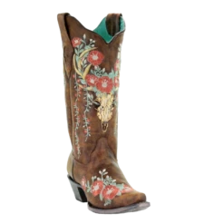 Corral Boots Corral Ladies Tan Deer Skull Overlay & Floral Embroidered Boots A3652