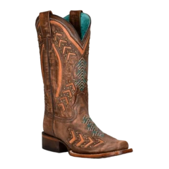 Corral Boots Corral Ladies Embroidery & Studs Brown Laser Square Toe Boots Z5009