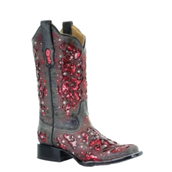 Corral Boots Corral Ladies Grey Red Glitter Inlay & Crystals Square Toe Boots A3647