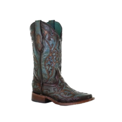 Corral Boots Corral Ladies Overlay Embroidery Turquoise & Brown Leather Boots C3768
