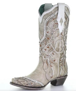 Corral Boots Ladies Corral 13" White Overlay & Embr. Snip Toe W Studs & Crystals - A3837