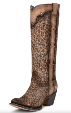 Corral Boots Lds Sand/Leopard Print Embr. & Studs Tall Top Round Toe - C3789