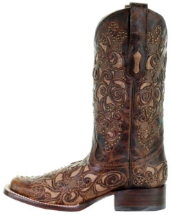 Corral Boots Corral Women's Square Toe Inlay Cowgirl Boot W/Studs & Embroidery - Brown -Corral Boots Store a3326 side a 28841.1586576863