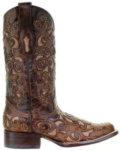 Corral Boots Corral Women's Square Toe Inlay Cowgirl Boot W/Studs & Embroidery - Brown -Corral Boots Store a3326 side b 21180.1586576863