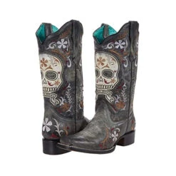 Corral Boots Corral Ladies Black Skull Overlay And Embroidery Square Toe Boots E1653 -Corral Boots Store corral boots e1653 black womens boots